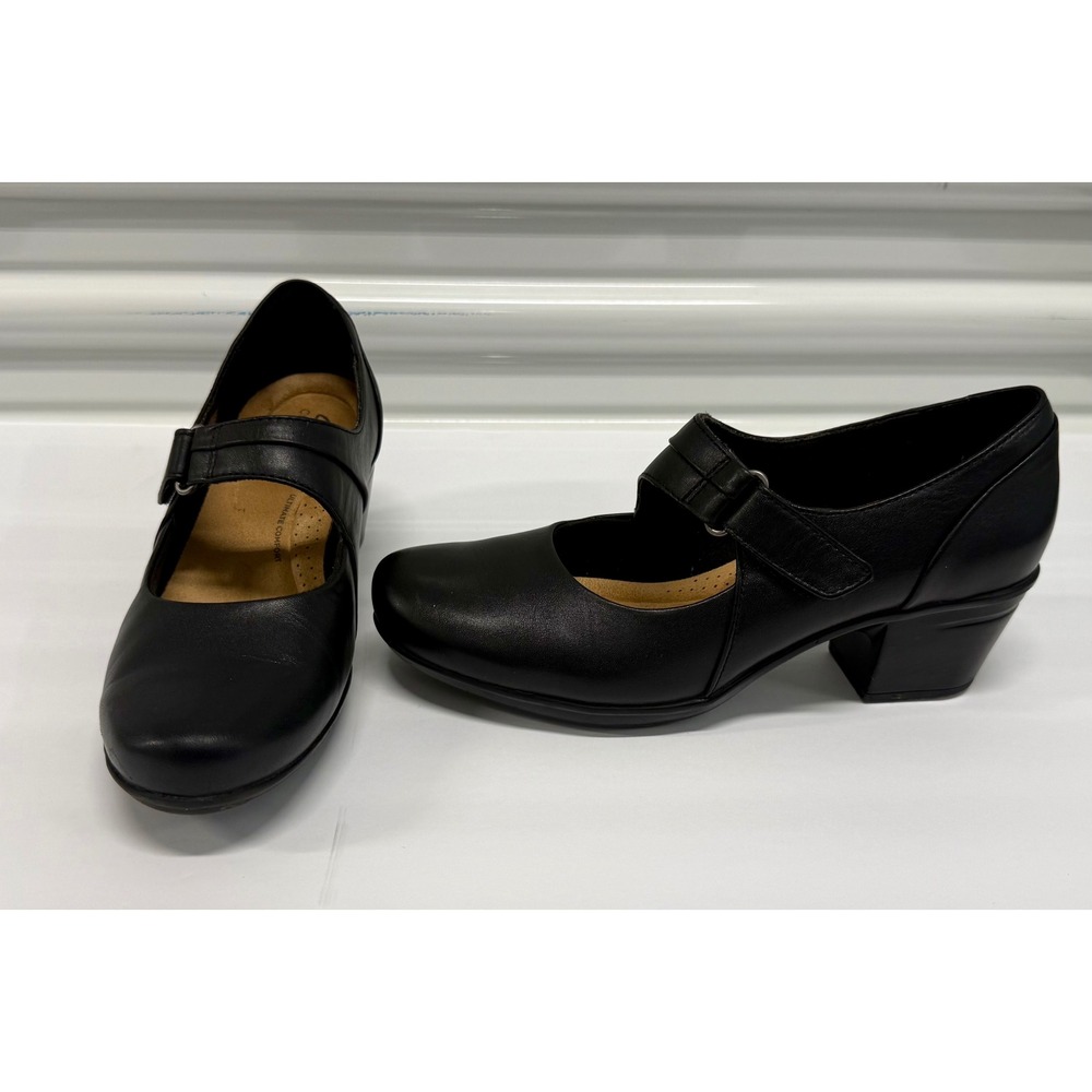 Clarks Collection Black Leather Mary Jane Pumps Ultimate Comfort Heels Womens 8